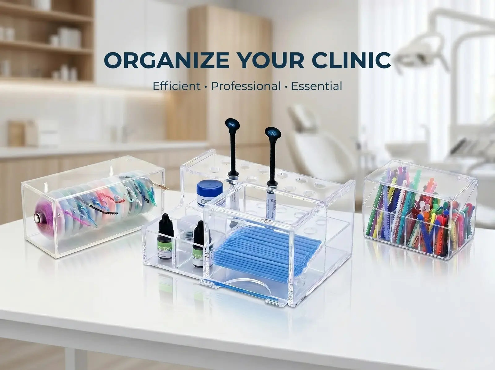 Dental clinic organizers, racks, and storage boxes for instruments and supplies