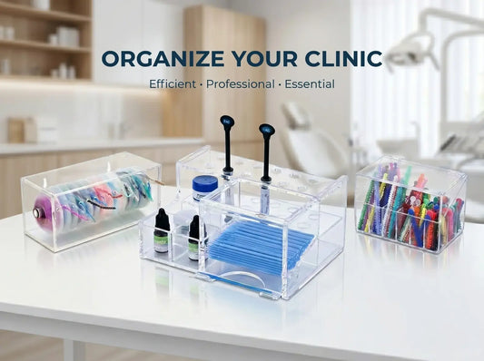 Dental clinic organizers, racks, and storage boxes for instruments and supplies