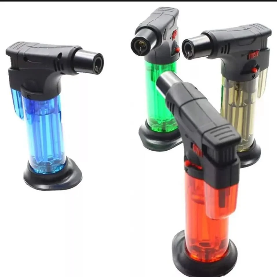 Colorful butane torch lighters displayed.