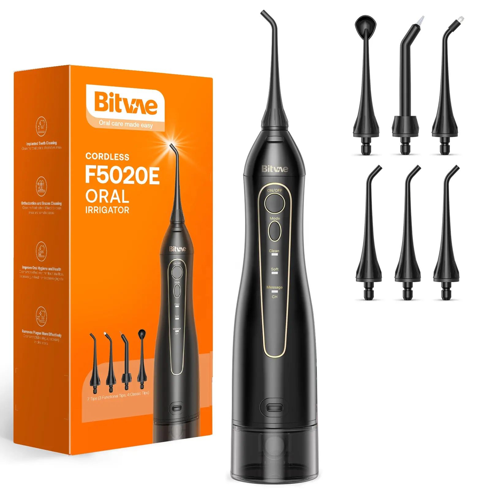 Cordless dental water flosser for braces and gum health; IPX7 waterproof rechargeable teeth cleaner with multiple pressure modes.