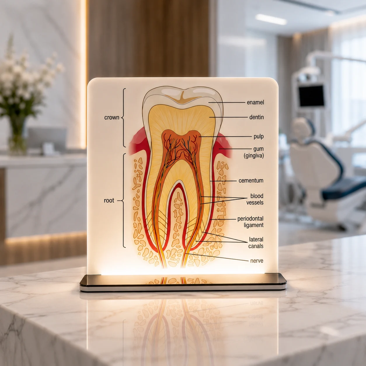 Illuminated Dental Desk Anatomy Model displaying a flat acrylic tooth cross-section diagram on a white clinic countertop with dental tools in the background.