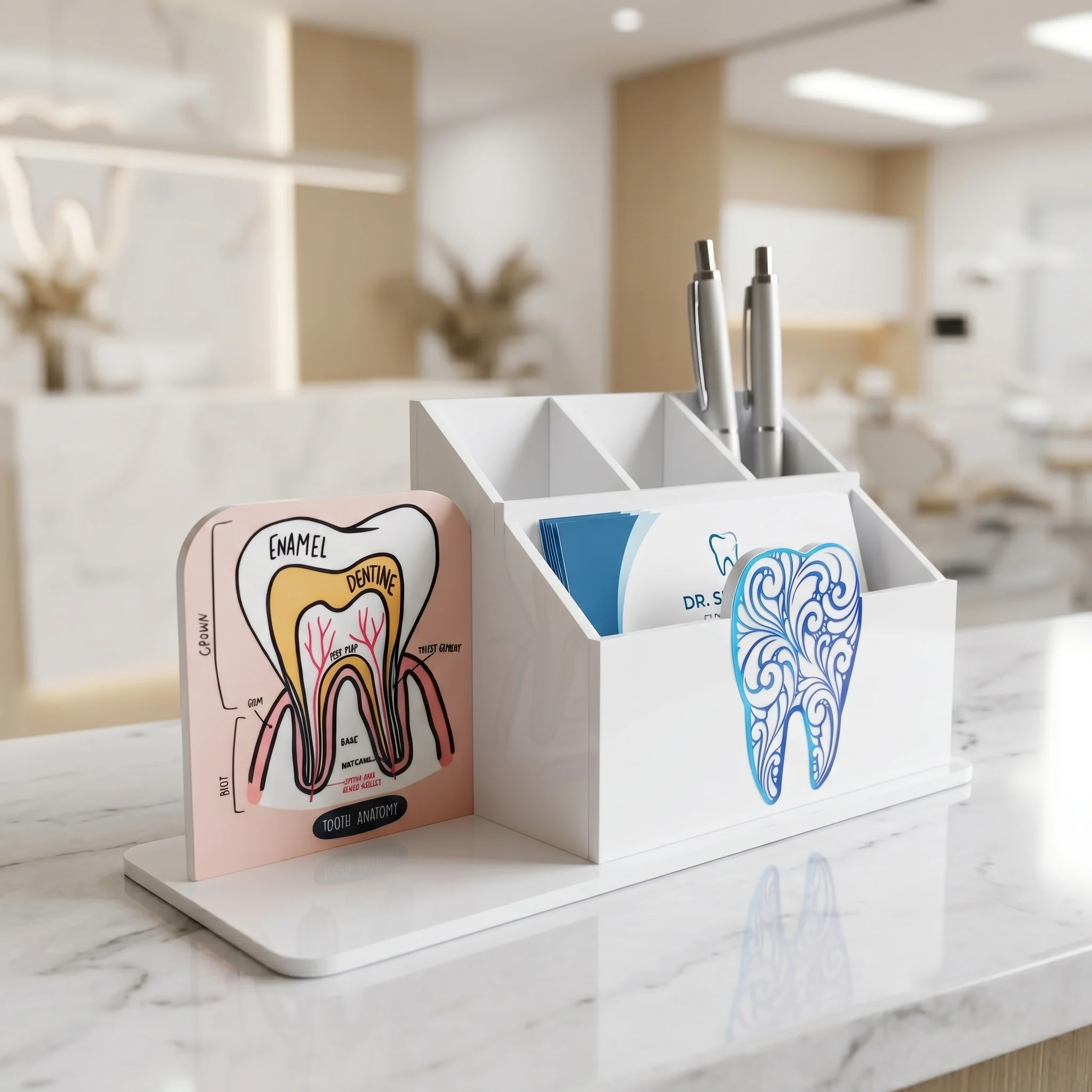 Dental Pen & Business Card Holder - For Reception Desk