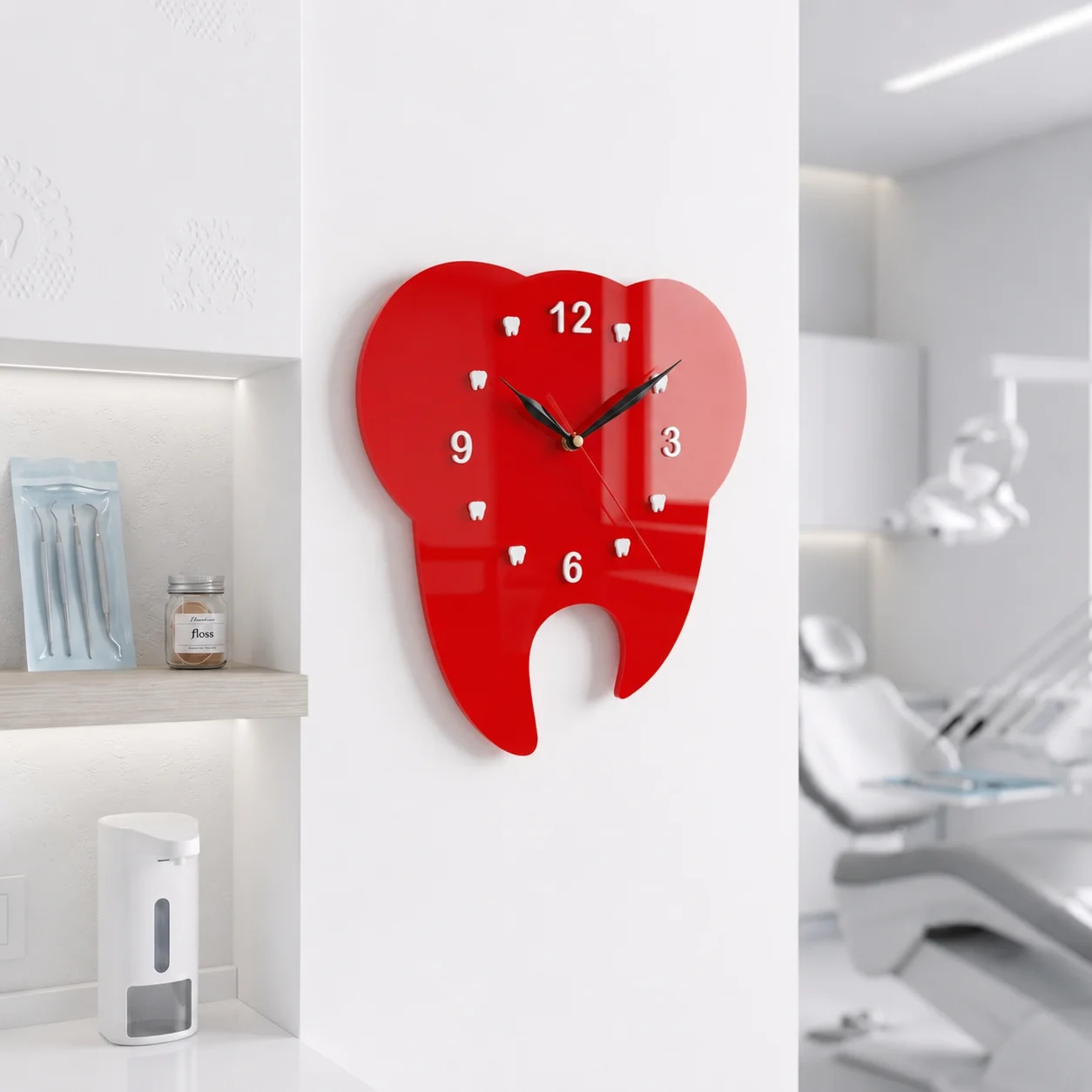 Red tooth-shaped wall clock mounted on a modern dental clinic reception wall